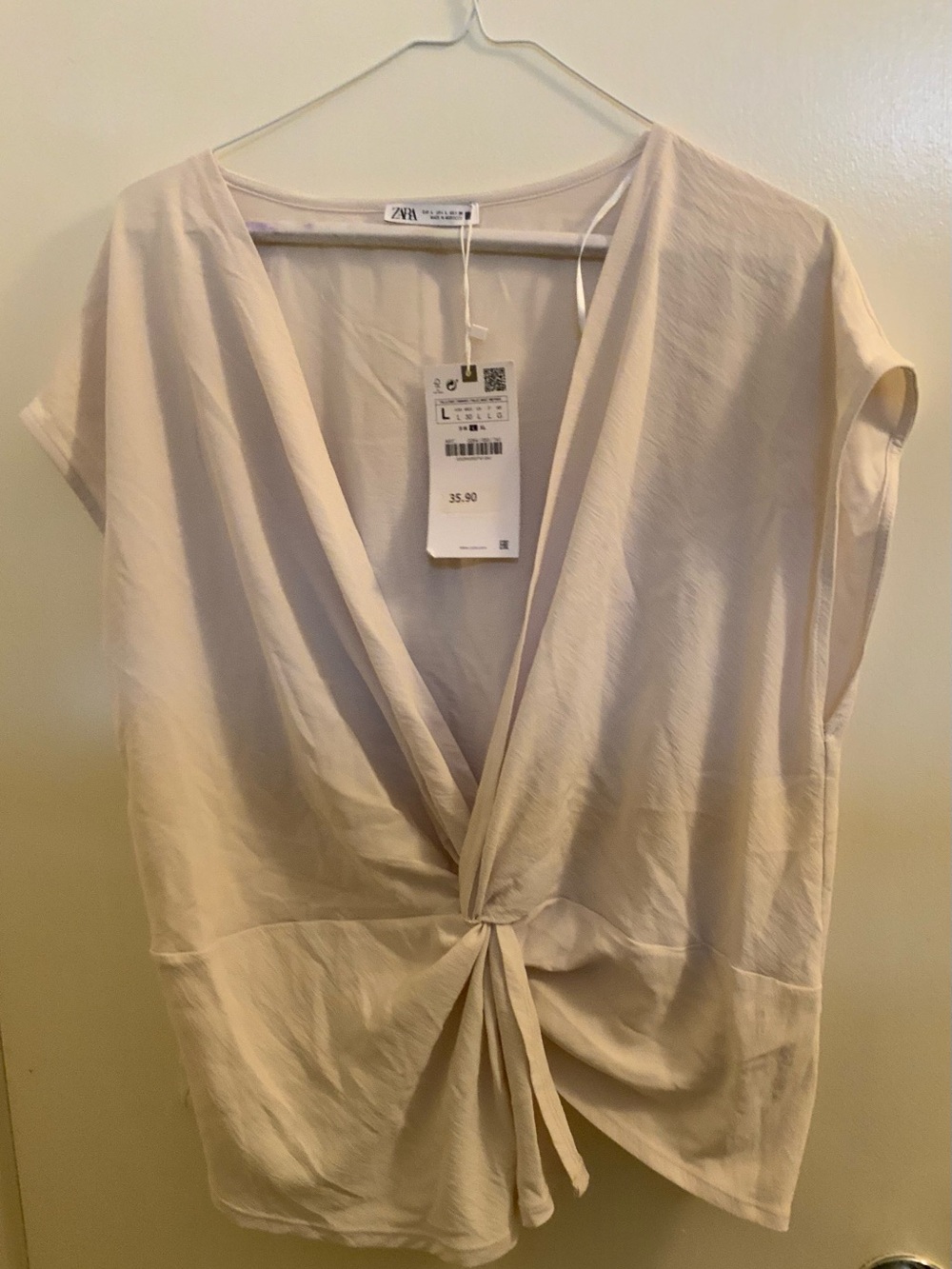 ZARA Light Cream Twist-Knot V-Neck Blouse